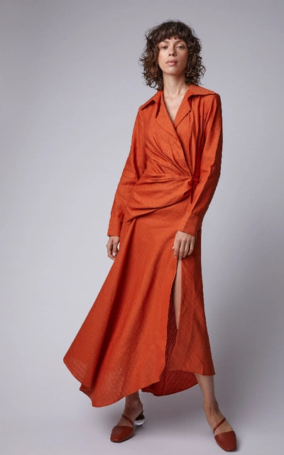 Shop Jacquemus Sabah Draped Linen And Cotton-blend Shirt Dress  In Orange