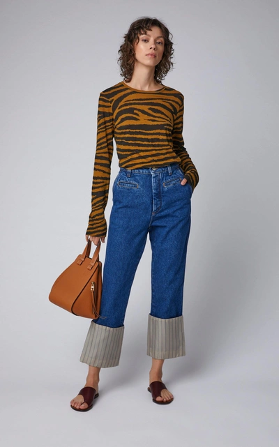 Shop Loewe Striped Poplin-paneled High-rise Straight-leg Jeans In Medium Wash