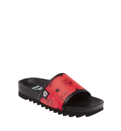 Shop Mcm Women's Slides In Visetos In Ruby Red