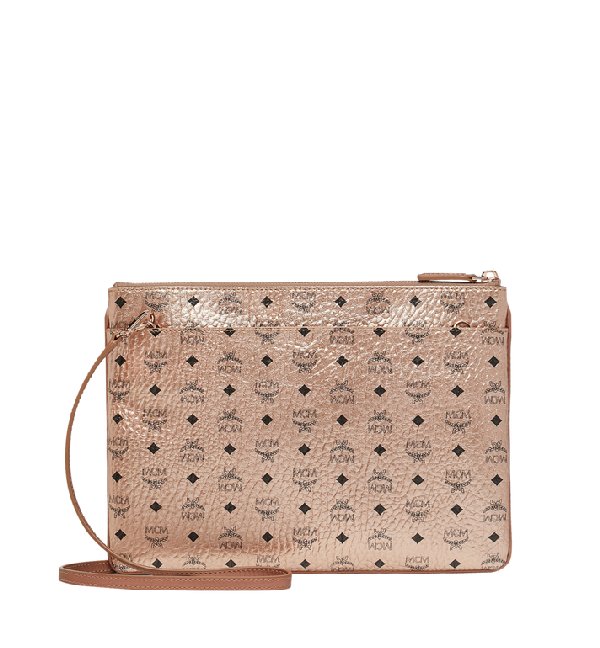 Mcm Visetos Original Medium Crossbody Pouch Bag In Champagne Gold