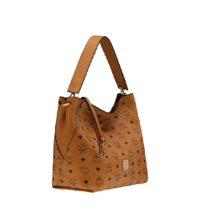 Mcm Large Klara Visetos Coated Canvas Hobo In Cognac