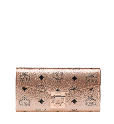 Shop Mcm Patricia Crossbody Wallet In Visetos In Champagne Gold