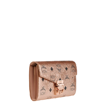 Shop Mcm Patricia Crossbody Wallet In Visetos In Champagne Gold