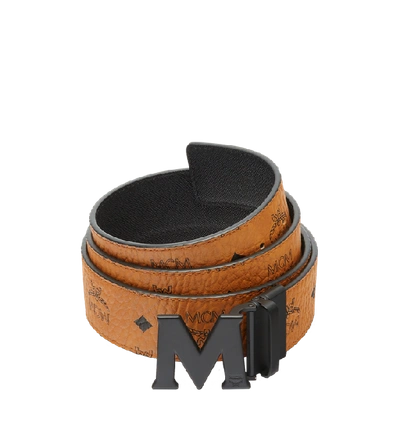 Mcm Claus Maxi Visetos-print Reversible Belt In Cognac | Cognac