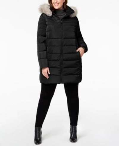 Shop Dkny Plus Size Faux-fur-trim Puffer Coat In Black