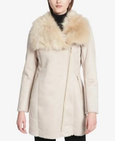 Shop Calvin Klein Asymmetrical Faux-fur-collar Coat In Latte