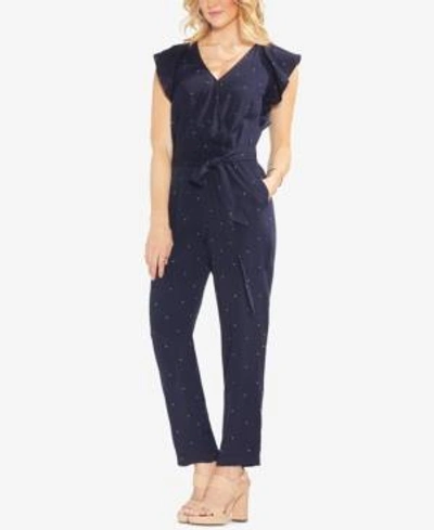 Shop Vince Camuto Pin-dot Flutter-sleeve Jumpsuit In Classic Navy