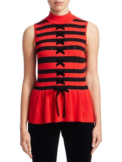 Shop Scripted Sleeveless Lace-up Peplum Sweater In Red Stripe