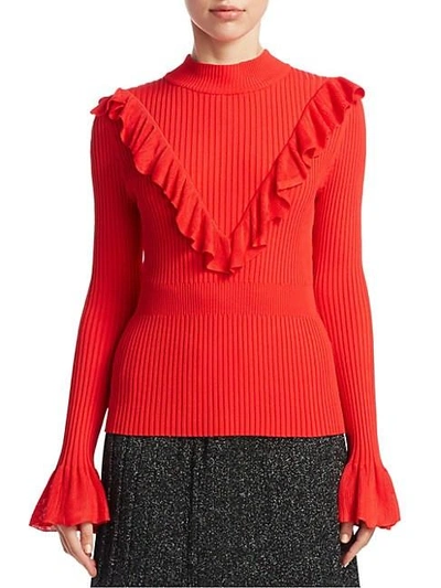 Shop Scripted Ruffle Mockneck Sweater In Bright Red