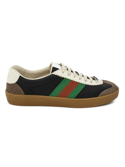 Shop Gucci G74 Black Leather Sneaker With Web. In Nero+latte
