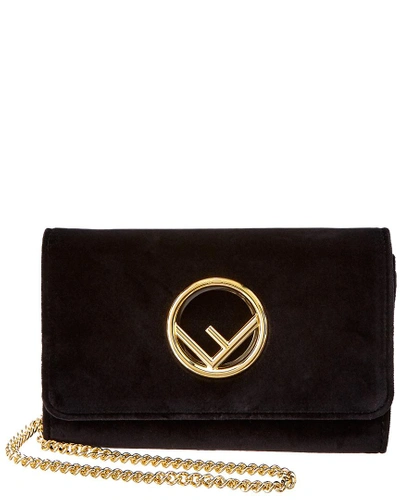 Shop Fendi Mini F Logo Velvet Wallet On Chain In Black