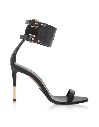 Shop Balmain Black Leather Dune Sandals