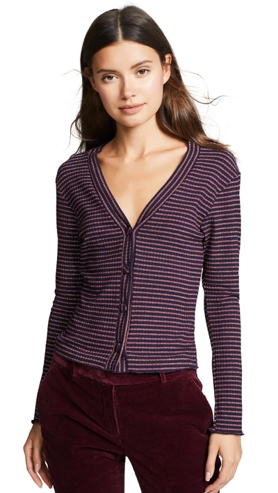 Shop Liana Clothing The Audrey Cardigan Top In Navy/maroon/silver Stripe
