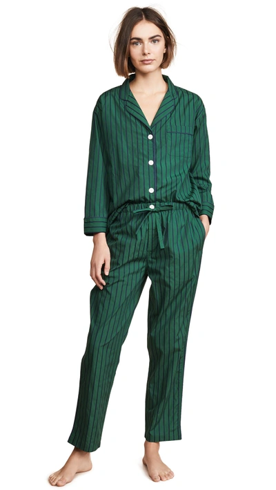 Shop Sleepy Jones Marina Pajama Shirt In Tie Stripe Green & Navy