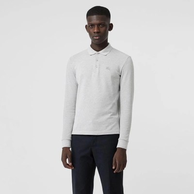 Shop Burberry Long-sleeve Cotton Piqué Polo Shirt In Pale Grey Melange