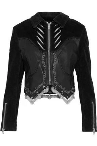 Shop Alexander Wang Woman Embellished Suede-paneled Leather Biker Jacket Black