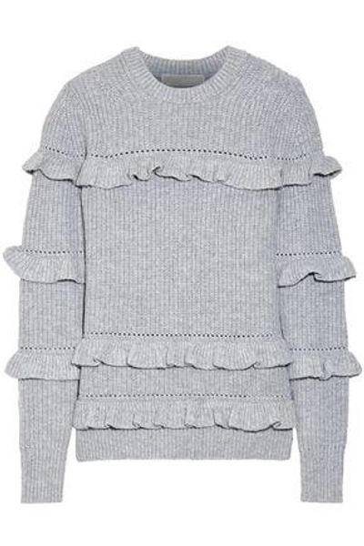 Shop Michael Michael Kors Woman Ruffle-trimmed Ribbed-knit Sweater Light Gray