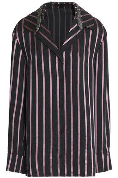 Shop Alexander Wang Crystal-embellished Striped Satin-trimmed Chambray Shirt In Dark Purple