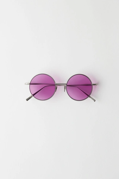 Shop Acne Studios Round Sunglasses Silver Satin/purple