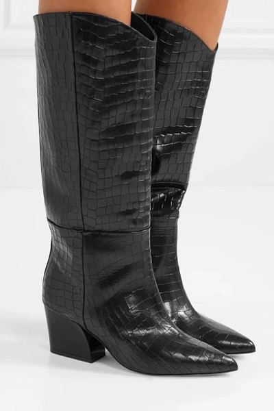 Shop Tibi Logan Croc-effect Leather Knee Boots In Black