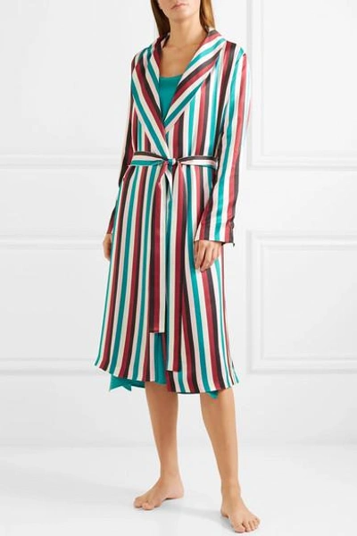 Shop Asceno Striped Washed-silk Robe In Turquoise