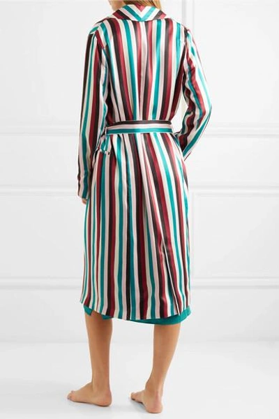 Shop Asceno Striped Washed-silk Robe In Turquoise