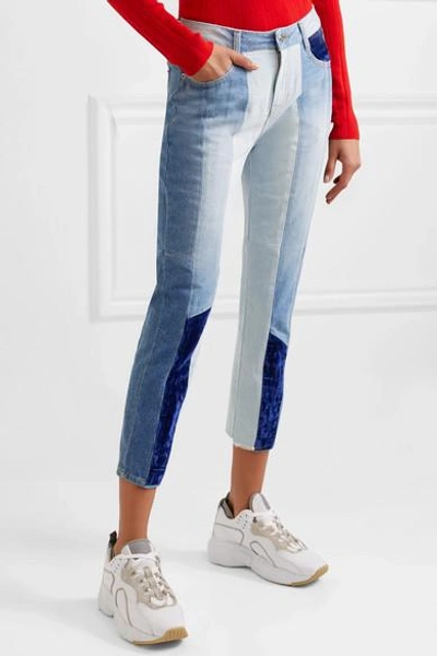 Shop Sjyp Cropped Velvet-paneled High-rise Slim-leg Jeans In Mid Denim