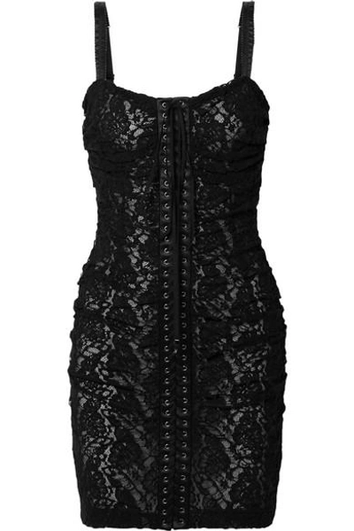 Shop Dolce & Gabbana Lace-up Satin-trimmed Stretch-lace Mini Dress In Black