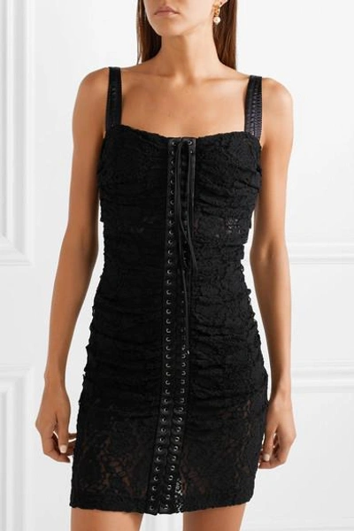 Shop Dolce & Gabbana Lace-up Satin-trimmed Stretch-lace Mini Dress In Black