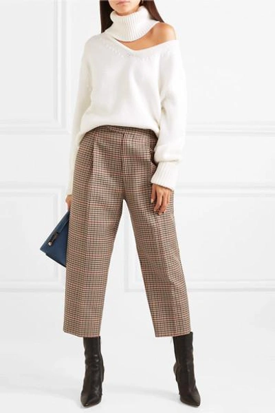 Shop Monse Cropped Pleated Checked Wool-blend Tapered Pants In Tan