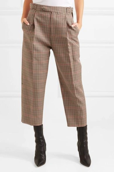 Shop Monse Cropped Pleated Checked Wool-blend Tapered Pants In Tan