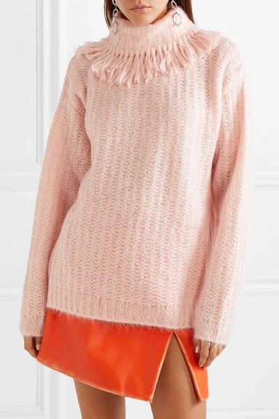 Shop Miu Miu Tasseled Mohair-blend Turtleneck Sweater In Pink