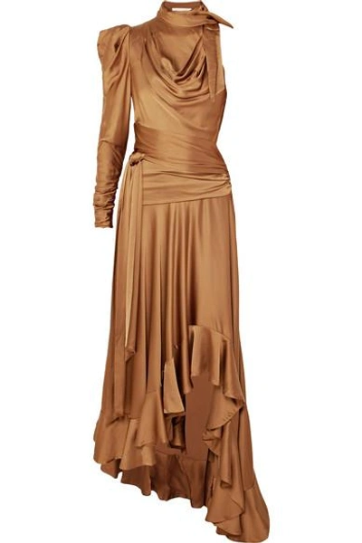 Shop Zimmermann Valiant Open-back Ruffled Satin Maxi Dress In Bronze