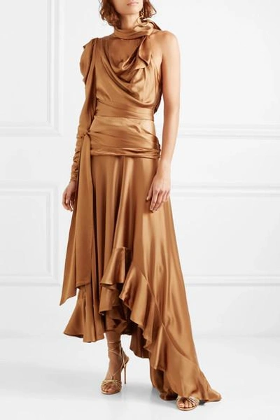 Shop Zimmermann Valiant Open-back Ruffled Satin Maxi Dress In Bronze