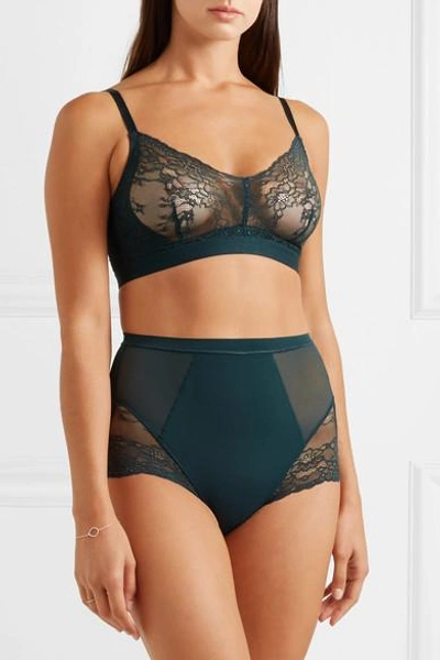 Shop Spanx Spotlight Stretch-tulle And Lace Soft-cup Bralette In Green