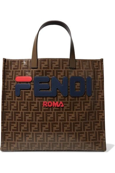 Shop Fendi Leather-appliquéd Coated-canvas Tote In Brown