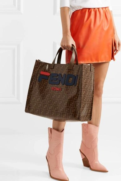 Shop Fendi Leather-appliquéd Coated-canvas Tote In Brown
