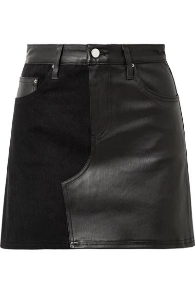 Shop Amiri Leather And Denim Mini Skirt In Black