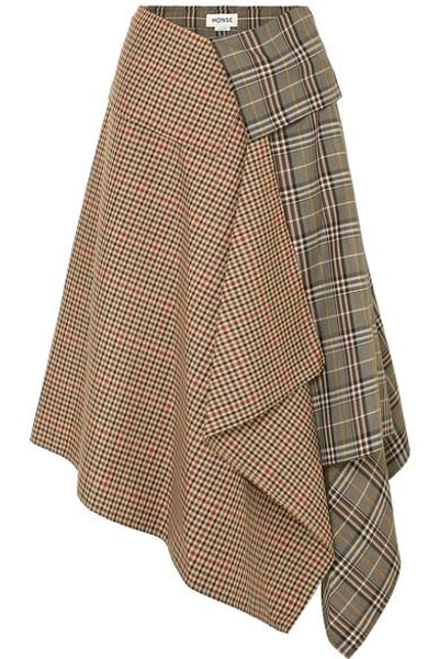 Shop Monse Asymmetric Paneled Checked Wool-blend Midi Skirt In Tan