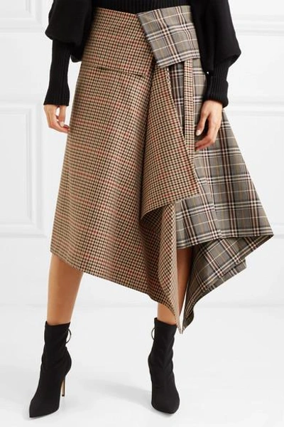 Shop Monse Asymmetric Paneled Checked Wool-blend Midi Skirt In Tan