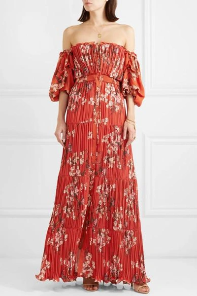Shop Johanna Ortiz Viajes Del Alma Off-the-shoulder Printed Plissé-georgette Maxi Dress In Burgundy
