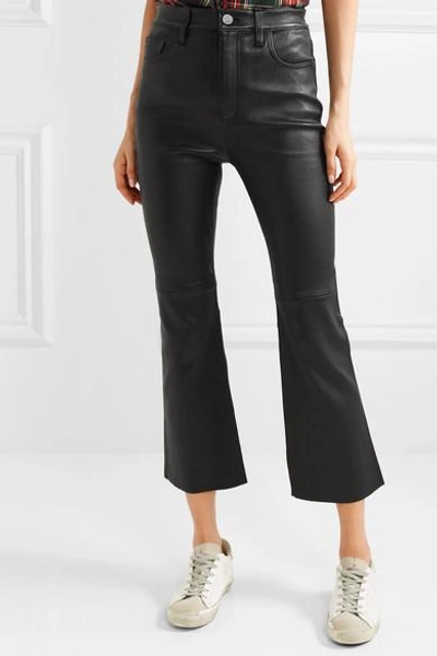 Shop Current Elliott The Kick Cropped Leather Flared Pants In Black