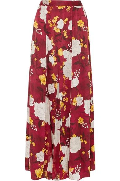 Shop Alice And Olivia Athena Floral-print Hammered Silk-satin Maxi Skirt In Burgundy