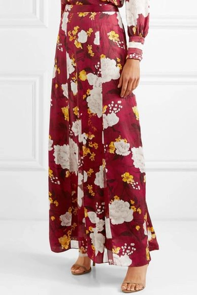 Shop Alice And Olivia Athena Floral-print Hammered Silk-satin Maxi Skirt In Burgundy