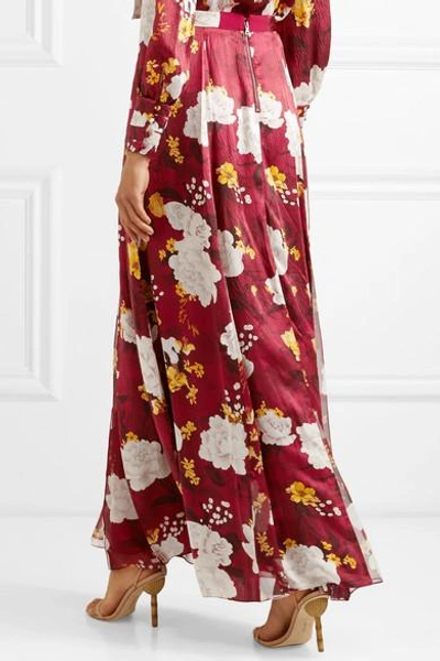 Shop Alice And Olivia Athena Floral-print Hammered Silk-satin Maxi Skirt In Burgundy