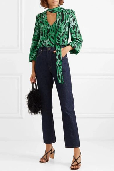 Shop Rixo London Moss Pussy-bow Printed Silk-georgette Blouse In Green