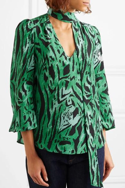 Shop Rixo London Moss Pussy-bow Printed Silk-georgette Blouse In Green