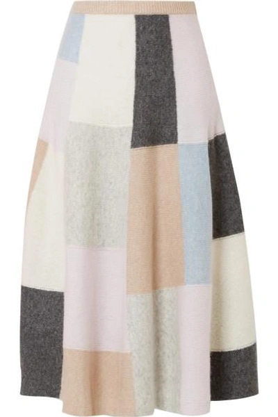 Shop Adam Lippes Color-block Brushed Cashmere And Silk-blend Midi Skirt In Beige