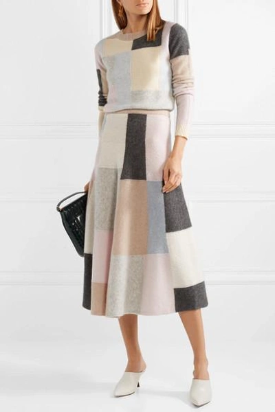 Shop Adam Lippes Color-block Brushed Cashmere And Silk-blend Midi Skirt In Beige