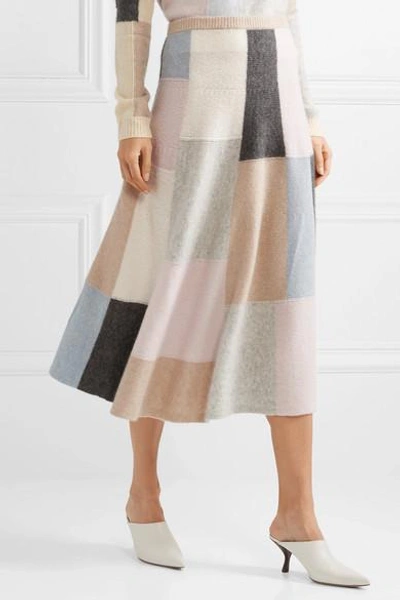 Shop Adam Lippes Color-block Brushed Cashmere And Silk-blend Midi Skirt In Beige